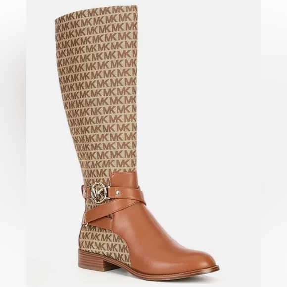 🆕 Michael Kors Rory Beige Logo Jacquard and Leather Riding Boots - Picture 2 of 12